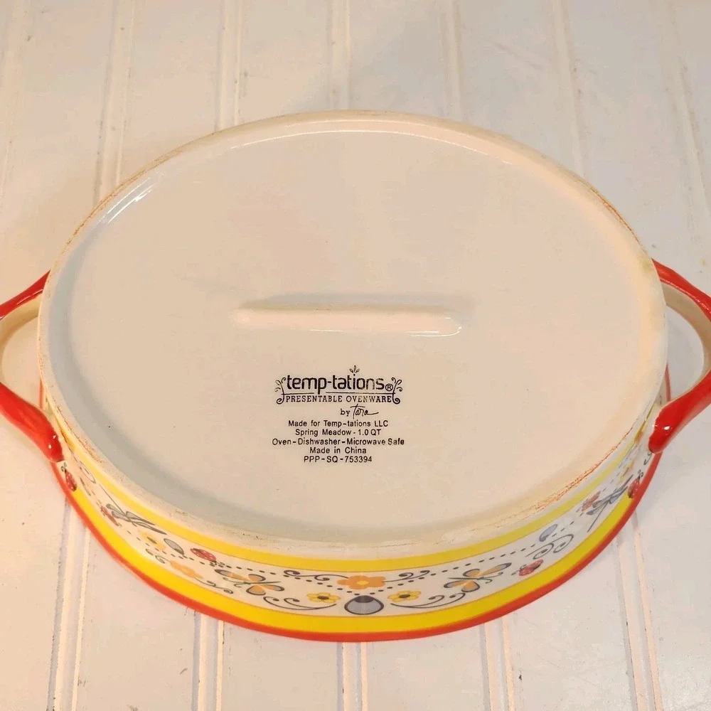 Temptations By Tara 1 Qt Casserole Baking Dish Spring Meadow & Serving Stand